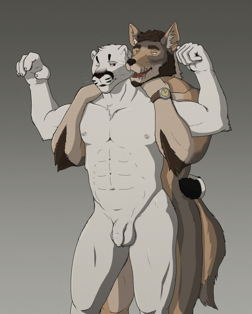 abs aitch anthro anthro_only arm_tuft armlock balls beard behind_another biceps black_nose black_tail_tip brown_body brown_fur brown_hair canid canine canis claws clock cougar coyote dipstick_tail duo ear_tuft echo_(series) echo_project elbow_tuft embrace facial_hair felid feline feline_tail flaccid fluffy fluffy_tail foreskin fur gay genitals gradient_background hair hi_res humanoid_genitalia humanoid_penis lip_scar looking_back male male/male mammal markings monotone_body monotone_fur muscular muscular_male nipples notched_ear nude one_eye_closed open_mouth penis playful raised_arms red_eyes red_nose romantic romantic_couple samuel_ayers simple_background standing tail tail_markings teeth the_smoke_room tuft watch whiskers white_body white_fur william_adler wristwatch wristwatch_only yellow_eyes