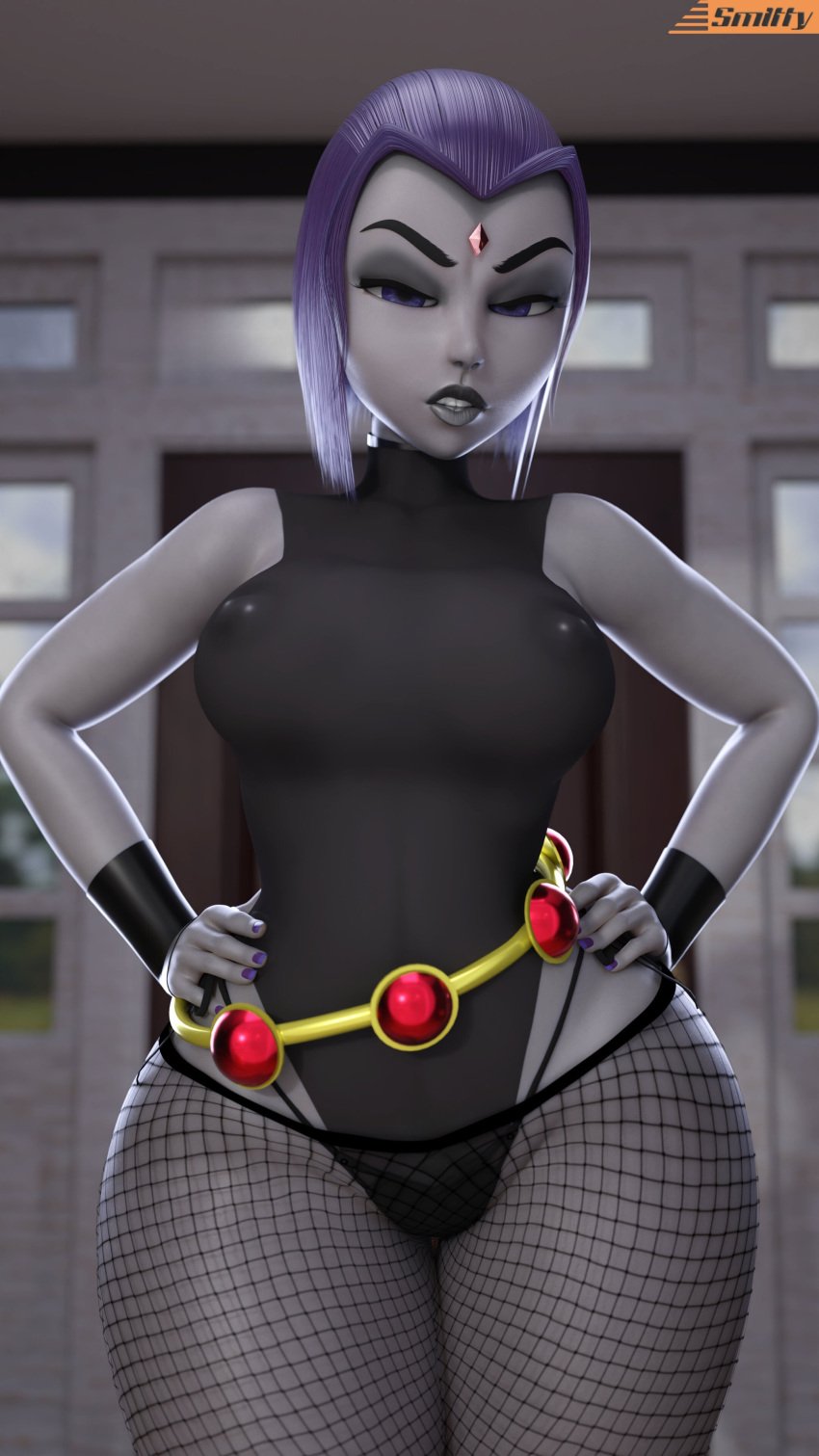 1girls 3d 3d_(artwork) anti_tattoo big_breasts child_bearing_hips curvaceous curvy curvy_figure dc dc_comics fan_edit female female_only fishnets highleg_leotard leotard looking_at_viewer nipple_bulge nipple_outline nipples pale-skinned_female pale_skin purple_eyes purple_hair raven_(dc) short_hair sleeveless_leotard smitty34 solo teen_titans thick_thighs thong_straps voluptuous voluptuous_female wide_hips