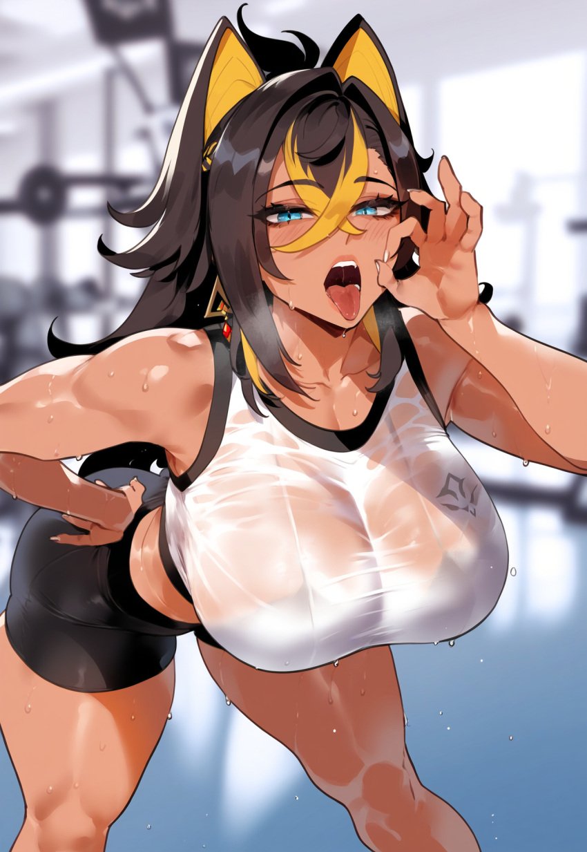 1girls ai_generated bent_over bike_shorts black_hair blowjob_gesture blue_eyes breasts curvy dark-skinned_female dark_skin dehya_(genshin_impact) fellatio_gesture fit_female genshin_impact gym gym_clothes gym_uniform large_breasts liu_(artist) open_mouth oral_invitation presenting_breasts see-through shorts solo sweat thiccwithaq_(ai_style)