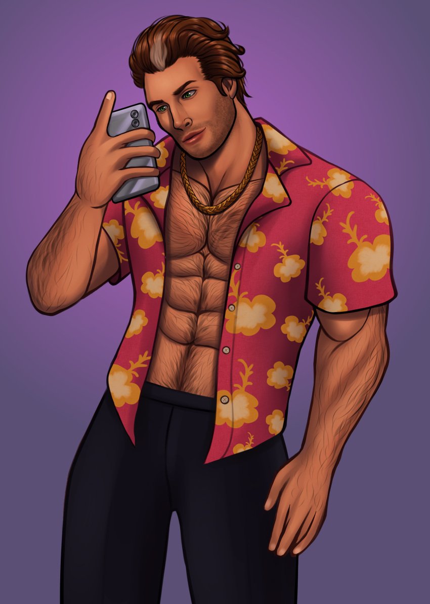 1boy arron_freeman_(wyldecard) brown_hair brunette_hair caucasian caucasian_male chains closed_mouth clothed clothing commission commission_art commissioner_upload gay green_eyes hairy hairy_arms hairy_chest hairy_legs hairy_stomach hecarito looking_at_phone male_focus male_only mallen_streak mirror_selfie necklace oc open_shirt original original_character original_characters pants phone phone_camera saints_row solo_male