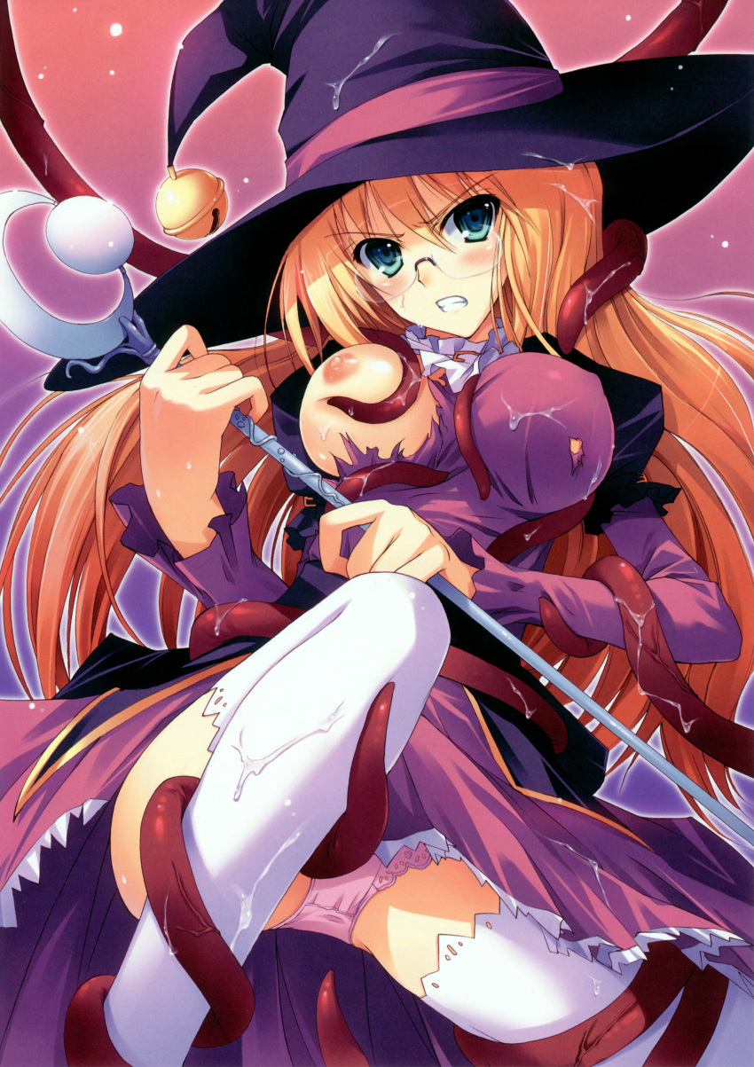 1girls bell breasts copyright_request female female_only glasses green_eyes hat highres long_hair nipples panties solo staff tentacle thighhighs tomose_shunsaku torn_clothes underwear witch witch_hat