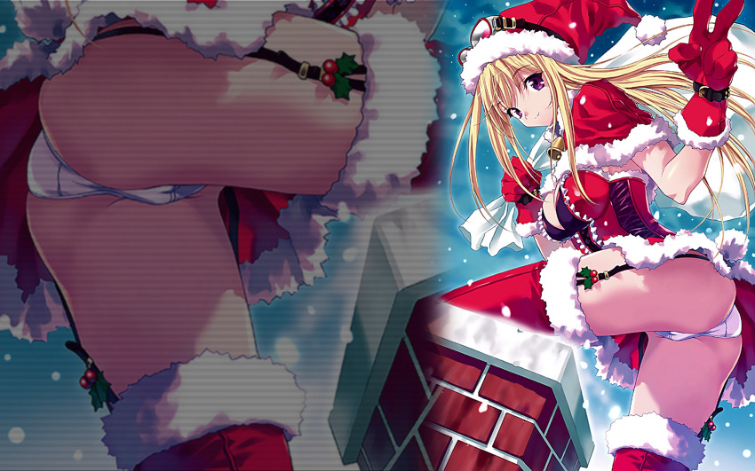 bag bell blonde_hair breasts chimney female goggles highres mistletoe panties purple_eyes santa snow solo underwear upskirt v wallpaper wallpaper_for_the_brave