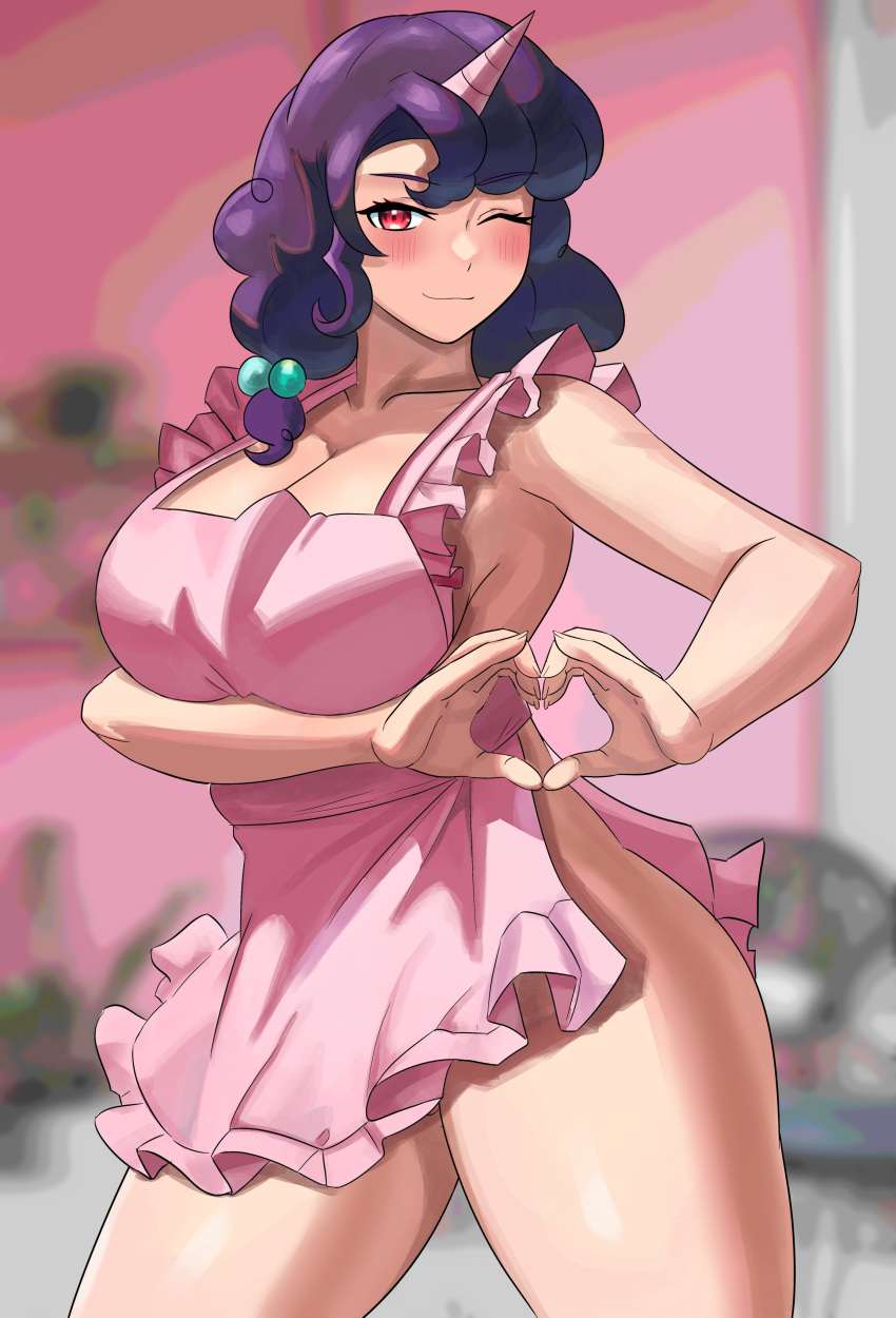 1girls blush curly_hair friendship_is_magic huge_breasts humanized iojknmiojknm looking_at_viewer my_little_pony naked_apron purple_hair red_eyes sugar_belle_(mlp) thick_thighs unicorn_horn voluptuous wink