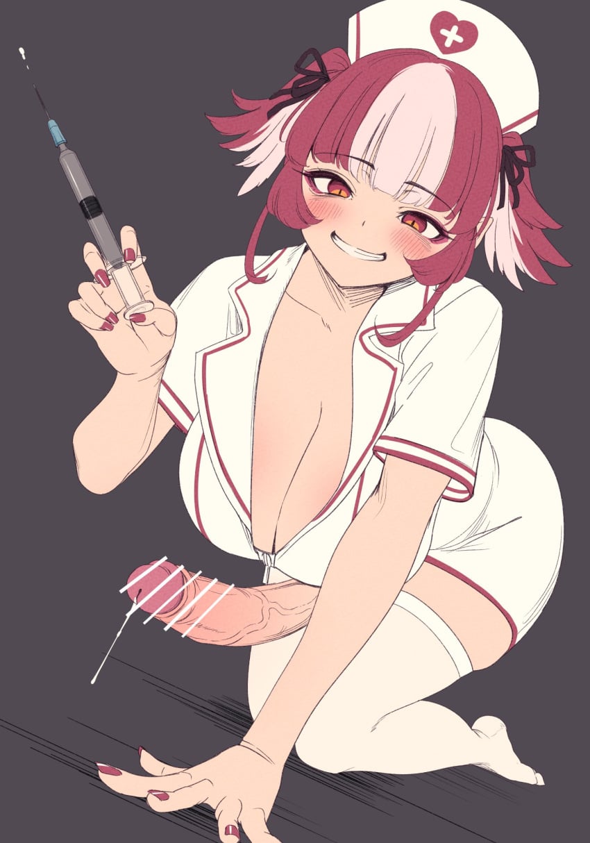 censor_bar censored clothed cock_dripping futanari looking_at_viewer nekoarashi nurse_cap nurse_uniform on_fours precum precum_drip yana_(nekoarashi)