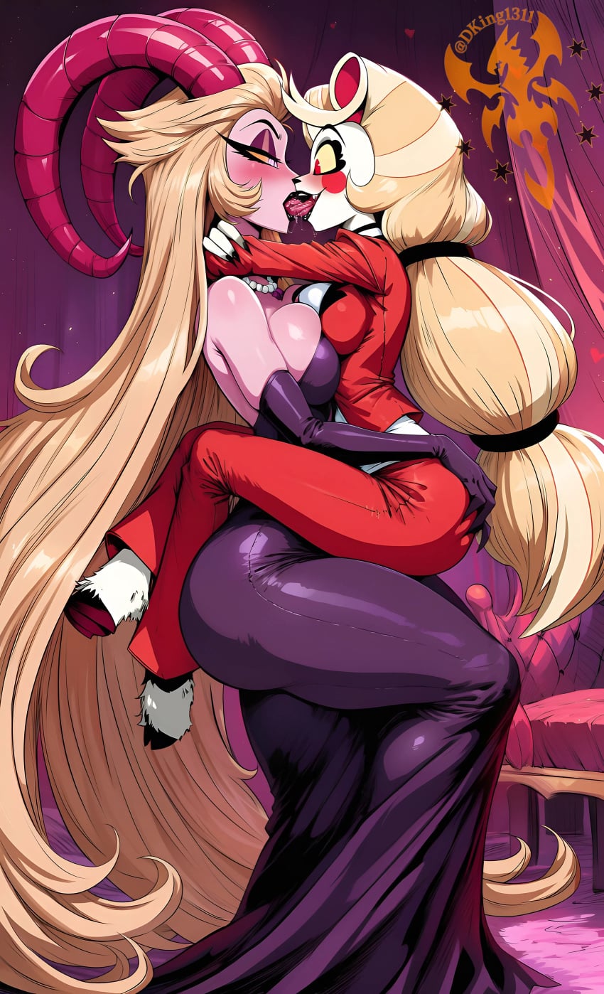 2girls absurd_res ai_generated artist_name blonde_hair blush blushing breasts charlie_morningstar_(hazbin_hotel) clothed clothing daughter demon demon_girl dking1311 female female_only hazbin_hotel height_difference hi_res high_quality high_resolution highres hips hooves horns incest kissing large_breasts legs lilith_morningstar_(hazbin_hotel) long_hair looking_at_another mother mother_and_daughter pale-skinned_female pale_skin sharp_claws taller_female thick thick_thighs thighs tongue tongue_kiss tongue_out vivienne_medrano vivziepop white_body