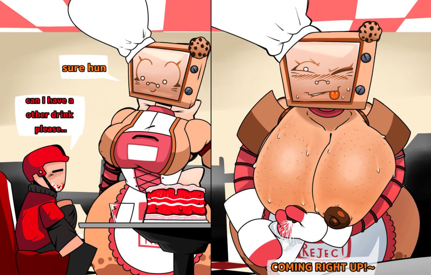 1boy 1girls 2_panel_comic 2d apron artist_request big_breasts breast_milk breasts civilian_(die_of_death) cookieware_(die_of_death) die_of_death_(roblox) lactation roblox roblox_game robloxian tagme tagme_(character) thick_thighs