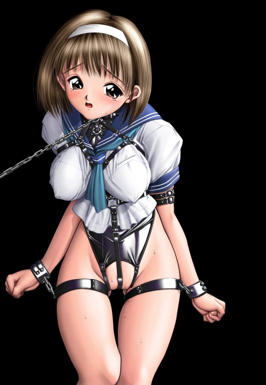 1girls between_labia bitch_taken_for_walk blush bondage breasts brown_eyes brown_hair character_request collar crotch_rope cuffs female hairband harness highres innie_pussy iruma_kamiri large_breasts leash open_mouth petplay school_uniform simple_background slave solo sweat tears