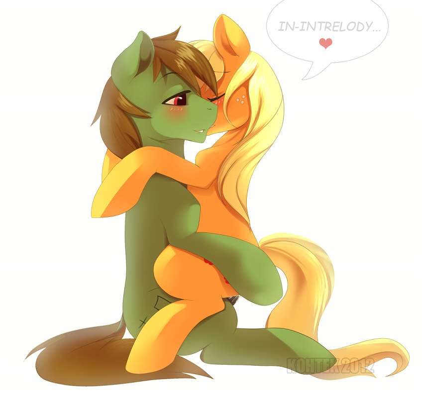 2012 applejack_(mlp) blonde_hair blush closed_eyes cutie_mark equine female friendship_is_magic hair horse intrelody kohtek long_hair male my_little_pony penetration penis plain_background pony red_eyes sex smile smooth_skin straight vaginal_penetration