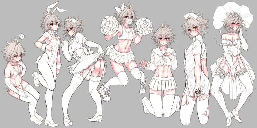 1boy androgynous ass backsack blush bride bunny_ears bunnysuit cheerleader cheerleader_uniform crossdressing fate/apocrypha fate_(series) femboy garter_straps girly grey_hair haoro heels high_heels kneeling lingerie looking_back male male_bride male_cheerleader male_wife monochrome pom_poms ripped_clothing school_uniform short_hair sieg_(fate/apocrypha) skirt skirt_lift solo thighhighs trap upskirt wedding_dress wedding_veil