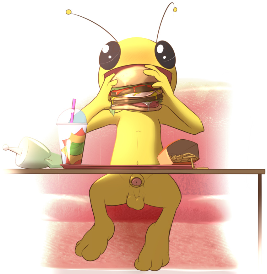 1boy alien alien_hominid alien_hominid_(character) antennae balls burger eating fast_food food fries front_view half-erect hollo_nut inside male male_only nude nudity open_mouth partially_retracted_foreskin penis public ray_gun restaurant sitting solo table uncut