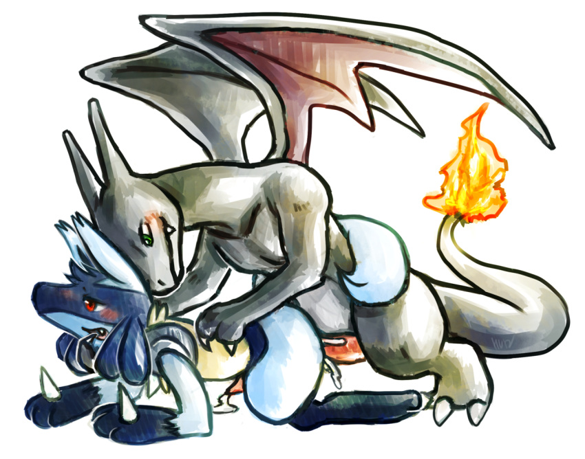 2012 anthro charizard feral furry gay green_eyes haychel lucario male nintendo no_humans pokemon pokemon_(species) red_eyes shiny_charizard shiny_pokemon