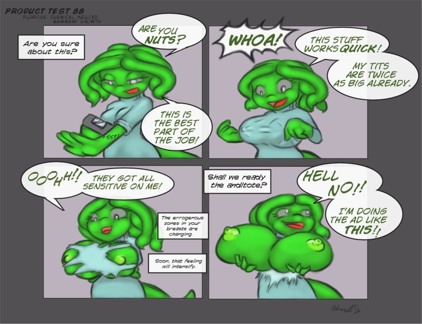 4koma basilisk breast_enlargement breasts chemical clothing comic dialogue female femshard gorgon huge_breasts hybrid injection large_breasts lizard rule_63 scalie shard shardshatter