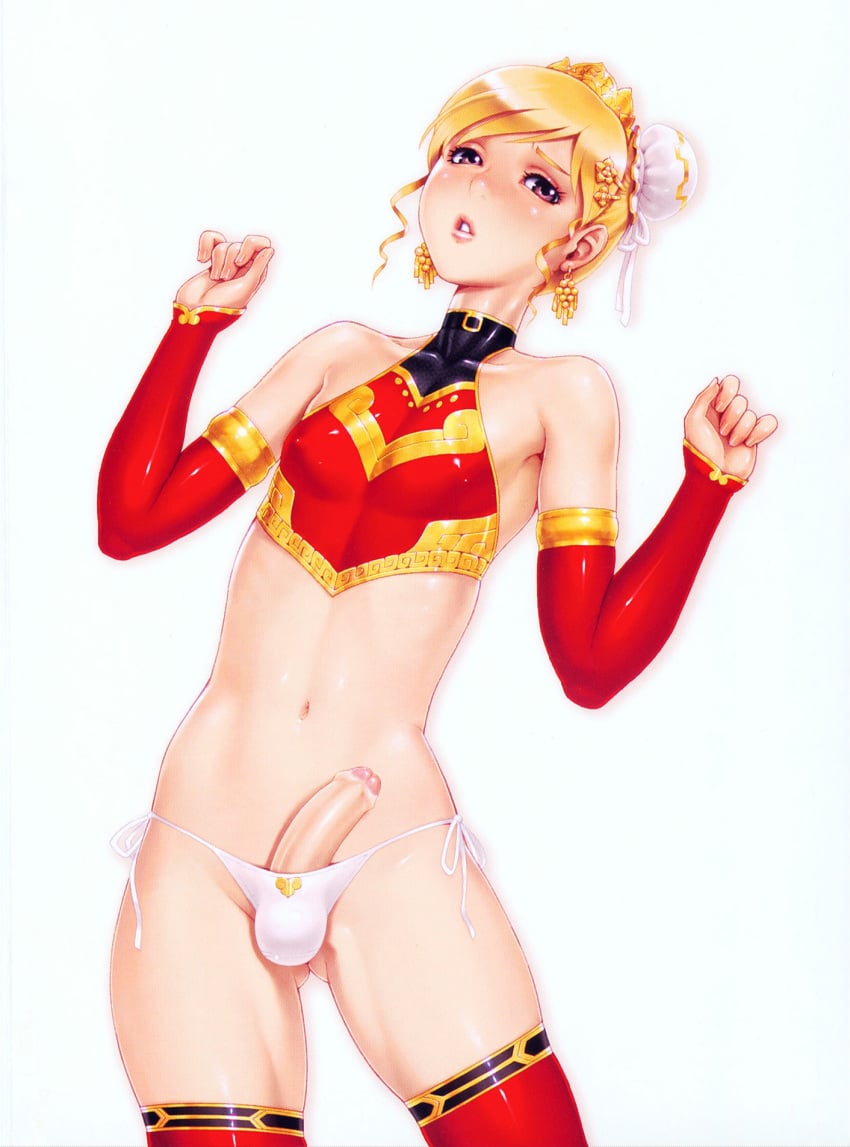 androgynous blonde_hair bulge earrings penis po-ju purple_eyes sanzo_(secret_journey) secret_journey testicles thighs thong trap uncensored