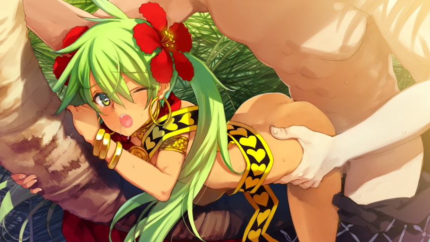 ;o against_tree ass bent_over blush bracelet censored doggy_style eiyuu_senki female flower game_cg green_hair jewelry kamehameha_(eiyuu_senki) long_hair nude ooyari_ashito open_mouth palm_tree protagonist_(eiyuu_senki) saliva sex source_request sweat tear tied_hair tree twintails vaginal_penetration wince wink