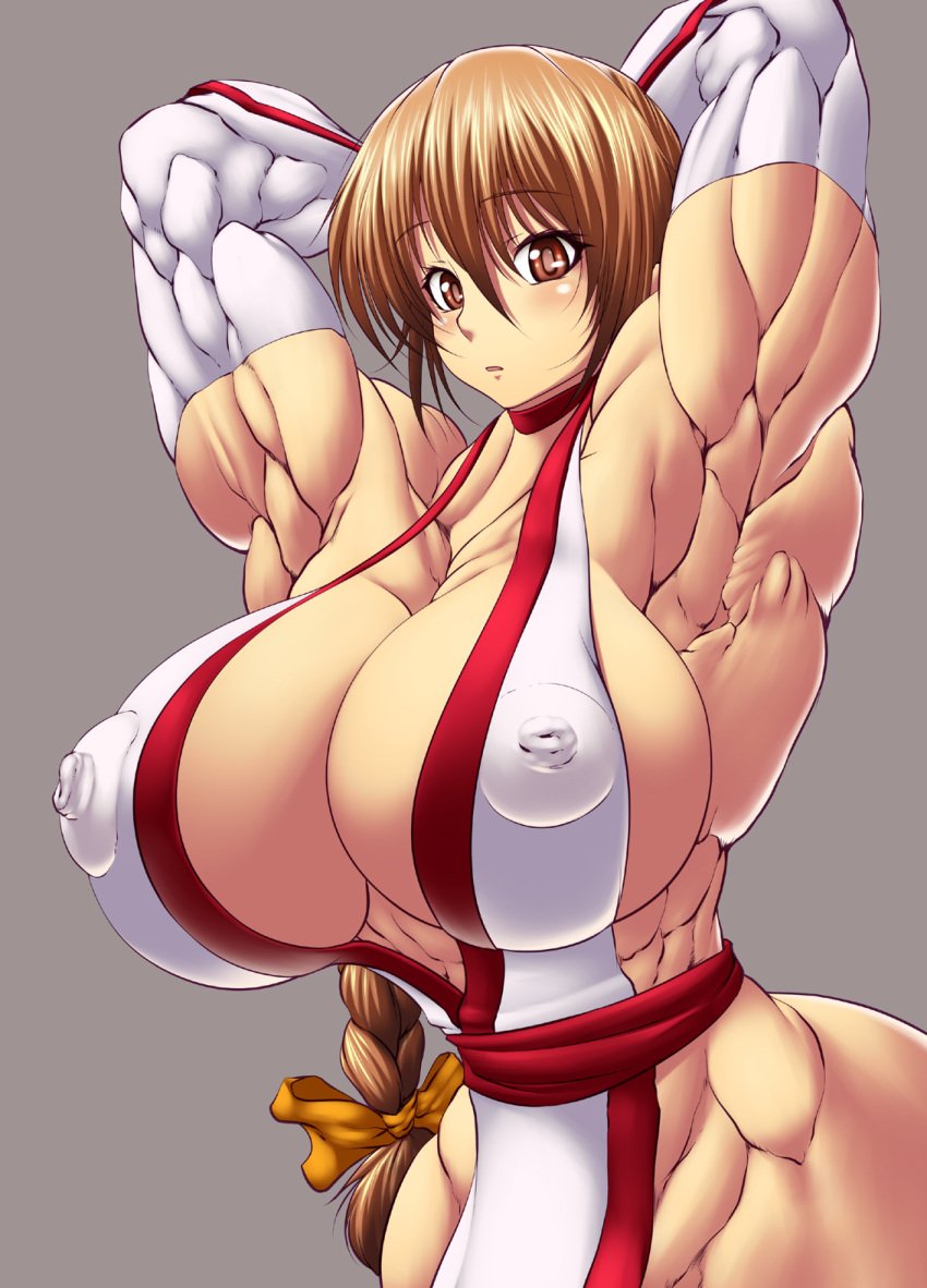 1girls abs armpits arms_behind_head braid breasts brown_eyes brown_hair choker cleavage dead_or_alive erect_nipples extreme_muscles female highres human human_only japanese_clothes kasumi_(doa) large_breasts muscle muscular_female purukogi_(plasma_beach) solo tecmo