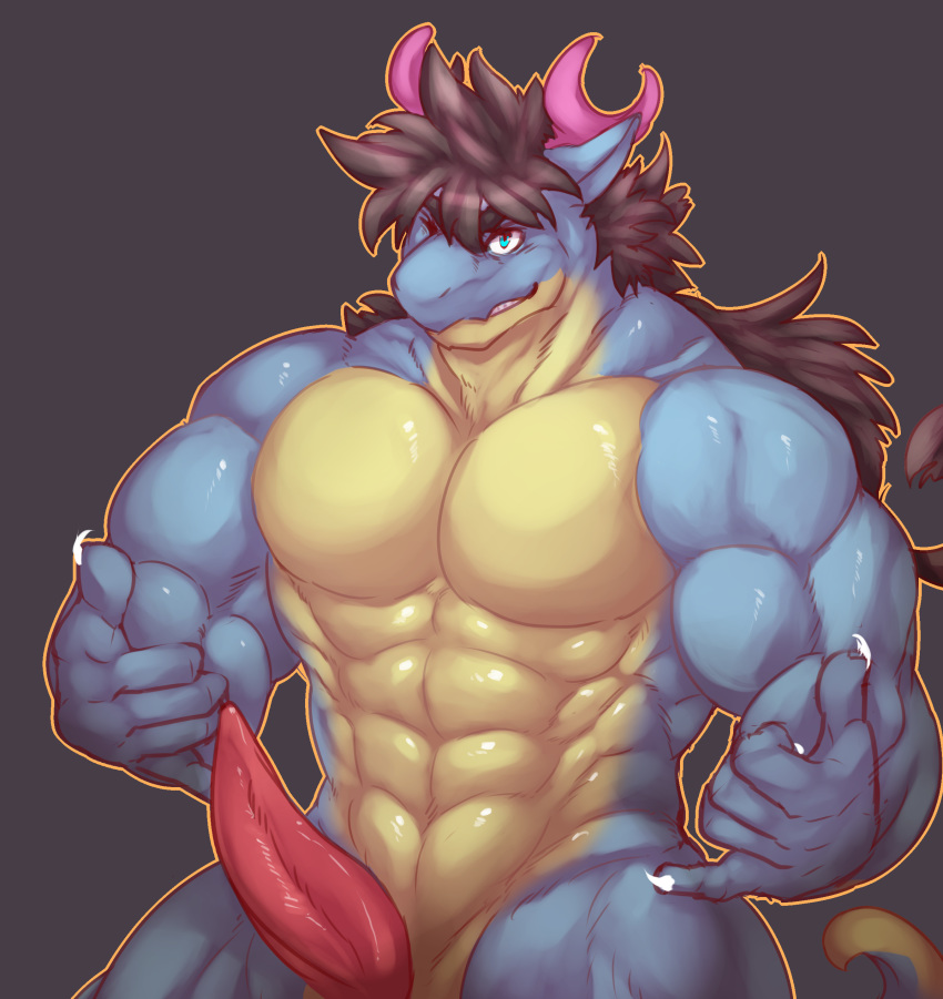 1boy abs anthro antlers big_muscles big_penis claws dragon hair hi_res horn istani long_hair looking_at_viewer male male_only muscles nude one_eye_closed penis smile solo tapering_penis teal_eyes wink