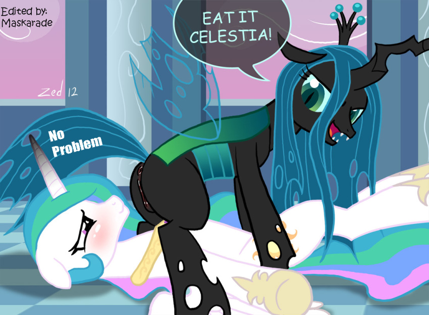 2012 anus ass blush changeling crown cutie_mark equine female friendship_is_magic green_eyes hair horn horse long_hair looking_back multicolored_hair my_little_pony open_mouth pony princess_celestia_(mlp) pussy queen_chrysalis_(mlp) smooth_skin spreading tongue wings yuri zed001