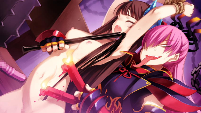 2girls arms_up black_hair bondage breasts censored closed_eyes dildo eiyuu_senki game_cg himiko_(eiyuu_senki) long_hair mosaic mosaic_censoring multiple_girls navel nipples nude oda_nobunaga_(eiyuu_senki) official_art ooyari_ashito open_mouth pink_hair rope sweat tongue tongue_out whip yuri