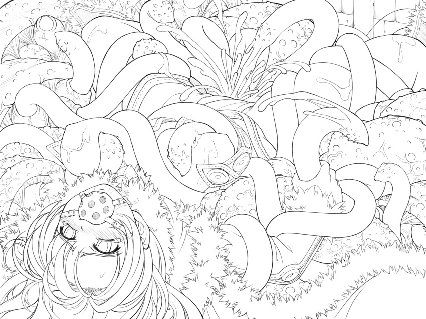 ball_gag blush breasts cum gag gagged high_resolution line_art monochrome nipples ragnarok_online sex tear tentacle wizard_(ragnarok_online) work_in_progress xration