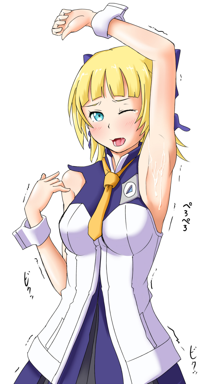 armpits blonde_hair blue_eyes cum cum_on_armpit cum_on_body cum_on_upper_body eureka_seven eureka_seven_ao fleur_blanc highres rabinidaddo raised_arm saliva tear trembling wince