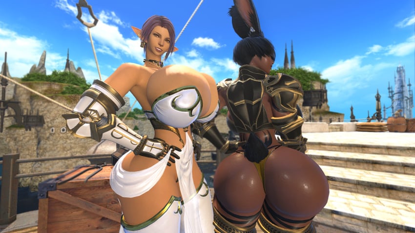 2girls 3d amicea ass ass_bigger_than_head ass_focus back_view bikini_armor black_hair breasts breasts_bigger_than_head bunny_ears bunny_girl bunny_tail cleavage cleavage_overflow dark-skinned_female dark_skin elf elf_ears elf_female elf_girl final_fantasy final_fantasy_xiv gpose_(ffxiv) hips hips_wider_than_shoulders huge_breasts light-skinned_female light_skin looking_at_viewer massive_breasts orange_eyes outdoors panties purple_hair self_upload tattoos thigh_boots thighs thighs_bigger_than_head