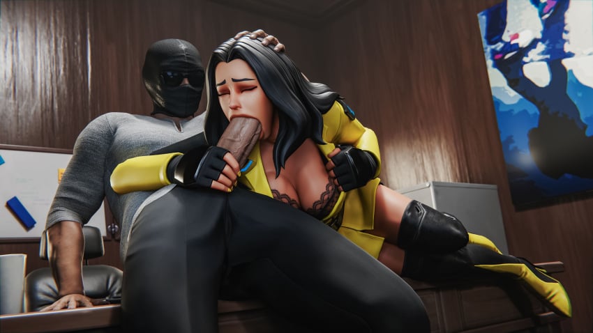 1boy 1girls 3d 3d_(artwork) big_breasts blowjob dark-skinned_male fortnite fortnite:_battle_royale light-skinned_female office_lady sucking sucking_penis thigh_boots thigh_high_boots thigh_highs yellowjacket_(fortnite)