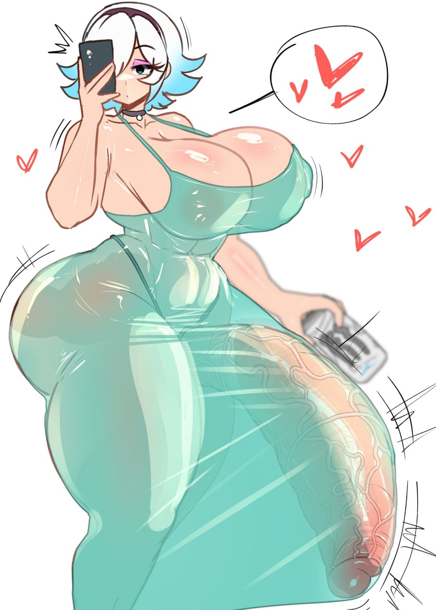 1futa 2d ass blue_hair breasts breasts_bigger_than_head busty cleavage clothed clothed_futa dress erection erection_under_clothes futa_only futanari garnet_(ghosffee) ghosffee hyper hyper_penis light-skinned_futa light_skin multicolored_hair original original_character penis phone selfie solo solo_futa tagme thighs two-tone_hair white_background white_hair