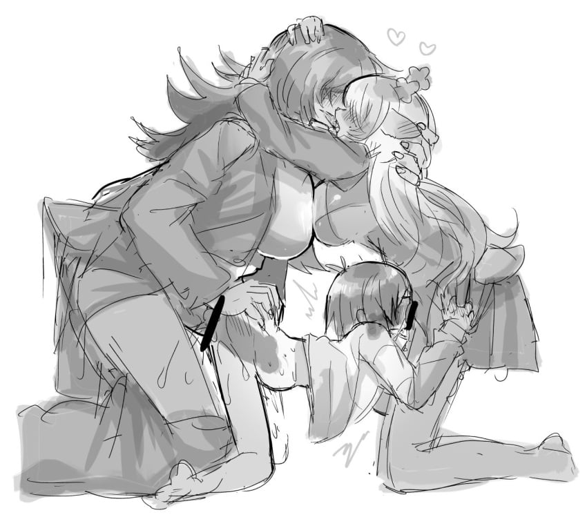 2futas 3girls anthro_on_human arms_around_neck blowjob breasts cum deer_girl deltarune futa_on_female futanari greyscale grgrkenkou human_on_anthro kissing kris_(deltarune) kris_female_(deltarune) large_breasts large_penis monochrome noelle_holiday nonbinary_(lore) oral oral_sex penetration reptile_girl stomach_bulge susie_(deltarune) threesome yuri