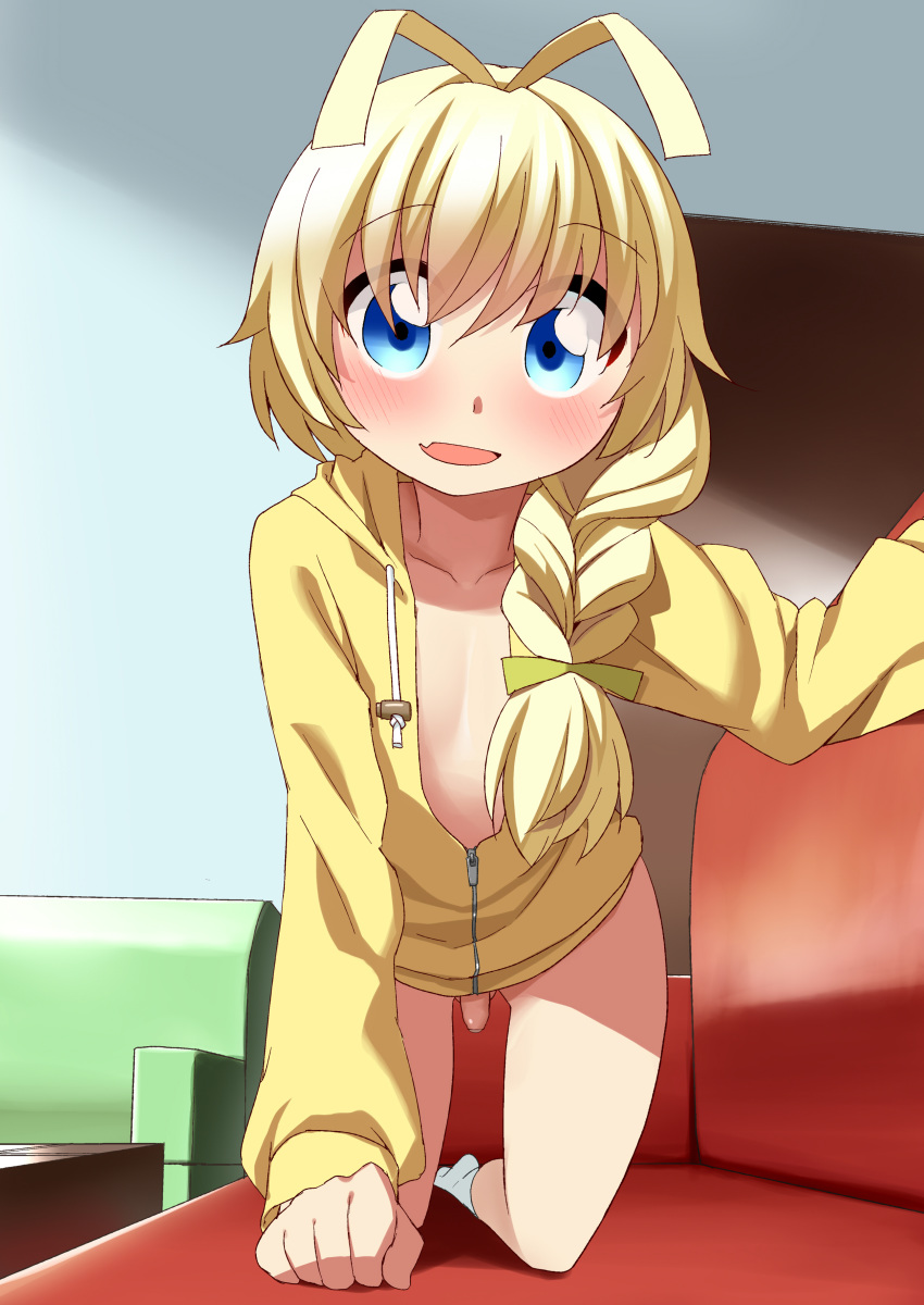 1boy ahiruaoba ahoge all_fours androgynous antenna_hair blonde_hair blue_eyes blush bottomless braid crossdressing femboy girly haiyore!_nyaruko-san hastur_(nyaruko-san) high_resolution hoodie long_hair looking_at_viewer male male_only naked_hoodie open_clothes open_mouth penis ponytail single_braid small_penis smile solo tied_hair tiny_penis trap white_skin