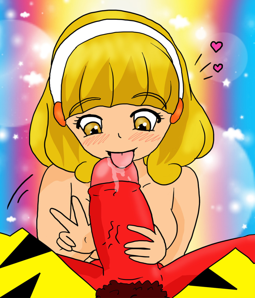 1boy 1girls akaoni blonde_hair blush clothing cum duo fellatio female gesture hair happy huge_cock human interspecies looking_at_viewer love mycrunchycookie oral oral_sex penis precum pretty_cure pubic_hair red_oni red_skin small_breasts smile_precure straight v yayoi_kise