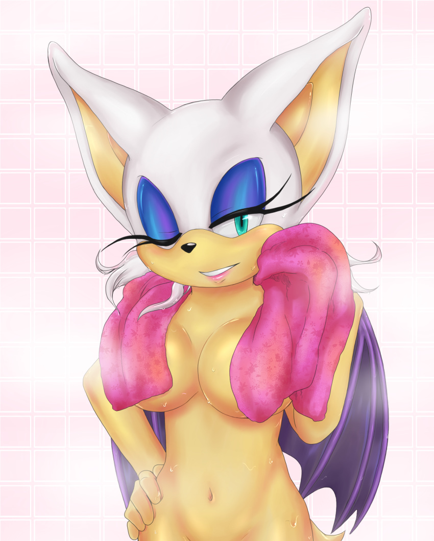 amortem-kun anthro bat breasts censored convenient_censoring female fog looking_at_viewer mammal nipple_censor nude one_eye_closed rouge_the_bat shower smile solo sonic_(series) towel wet