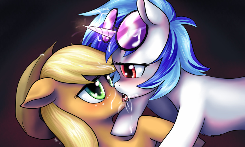 7-nights applejack_(mlp) blush cum equine eyewear female friendship_is_magic glowing horn horse kissing magic messy my_little_pony pony smooth_skin snowballing sunglasses unicorn vinyl_scratch_(mlp) yuri