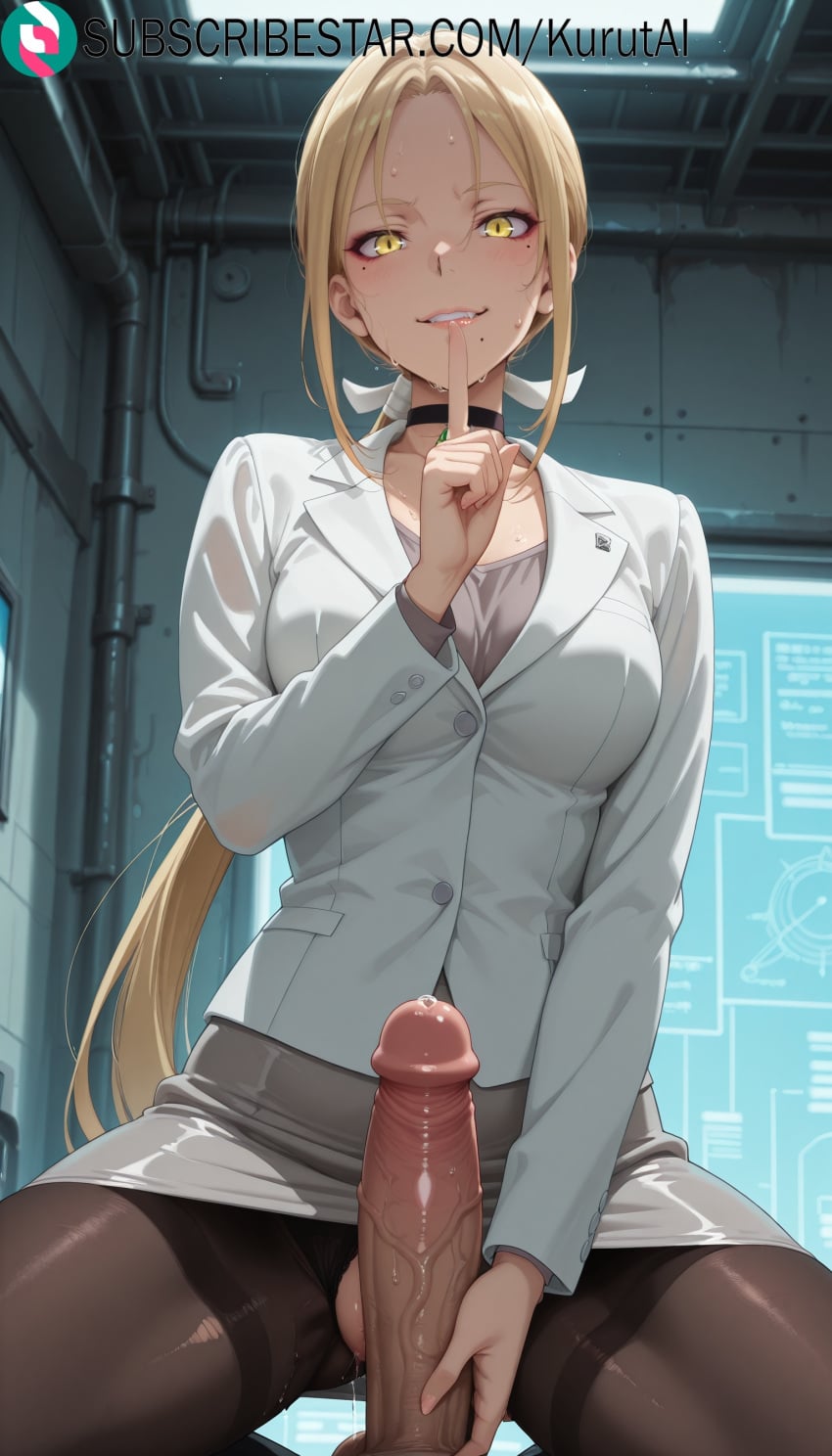 maou_2099 kinohora_(maou_2099) penis rating:explicit pantyhose torn_clothes erection uncensored pencil_skirt skirt yellow_eyes finger_to_mouth choker precum veiny_penis veins sweat panties underwear breasts blonde_hair looking_at_viewer smile 1boy long_hair huge_penis jewelry futanari solo_focus blush large_penis cum pov girl_on_top 1girls ai_generated artist_name artist_signature hi_res high_resolution highres kurutai subscribestar subscribestar_username