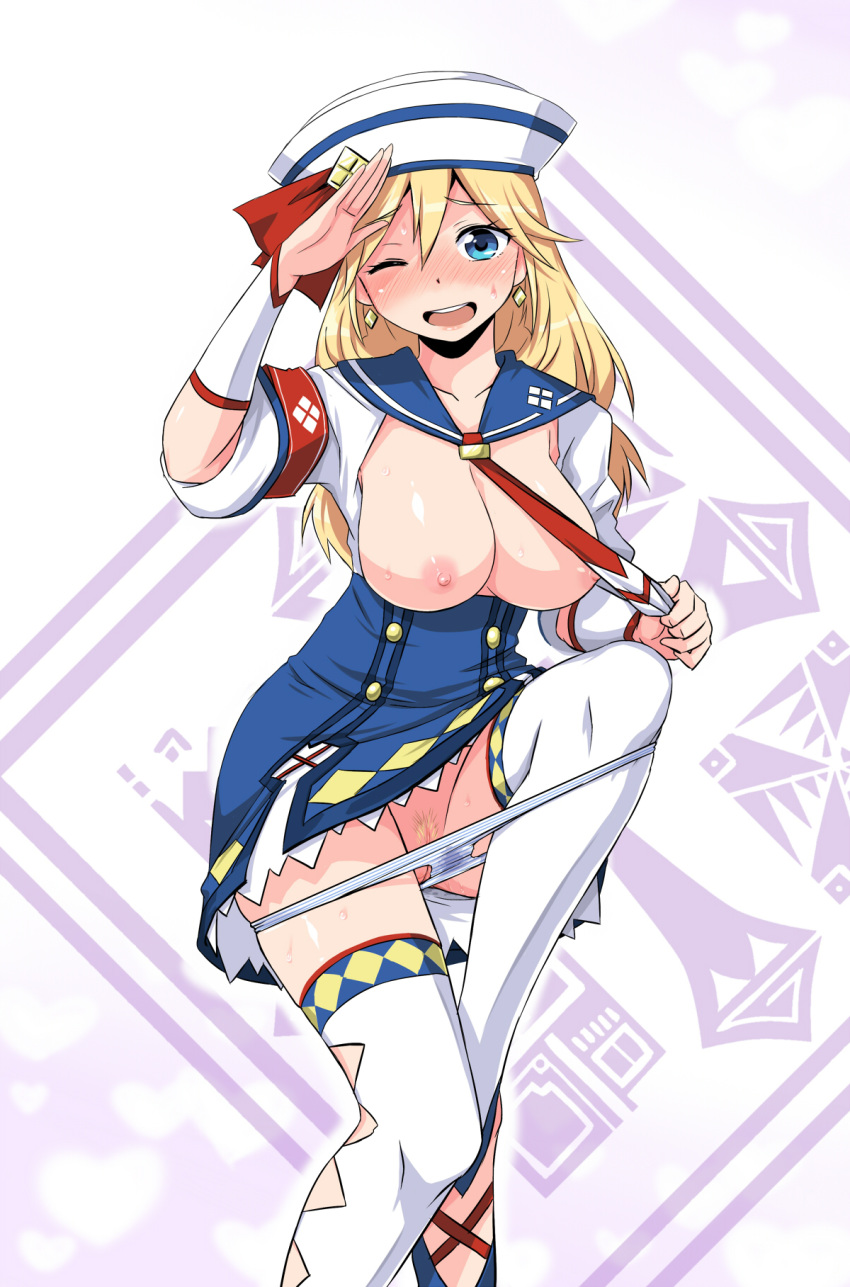 1girls blonde_hair blue_eyes blush breasts dixie_cup_hat earrings female hat highres jewelry kathy_(monster_hunter) long_hair monster_hunter monster_hunter_3_g necktie panties pubic_hair pussy receptionist_(monster_hunter_3_g) sailor_hat salute solo sweat thighhighs underwear wink zaxwu