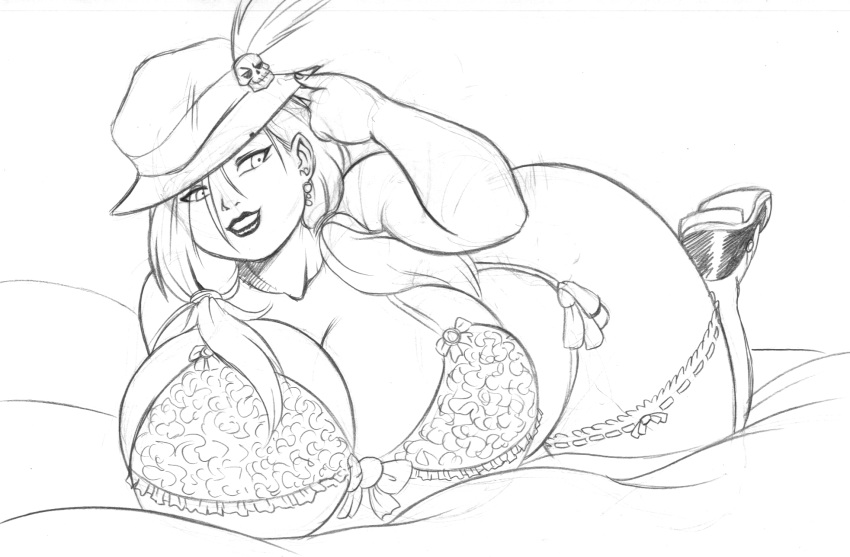 bbw big_breasts blonde blonde_hair blue_eyes breasts chochi female female_focus female_only greta_gravity hat huge_breasts monochrome sketch solo solo_female spinnerette tracht