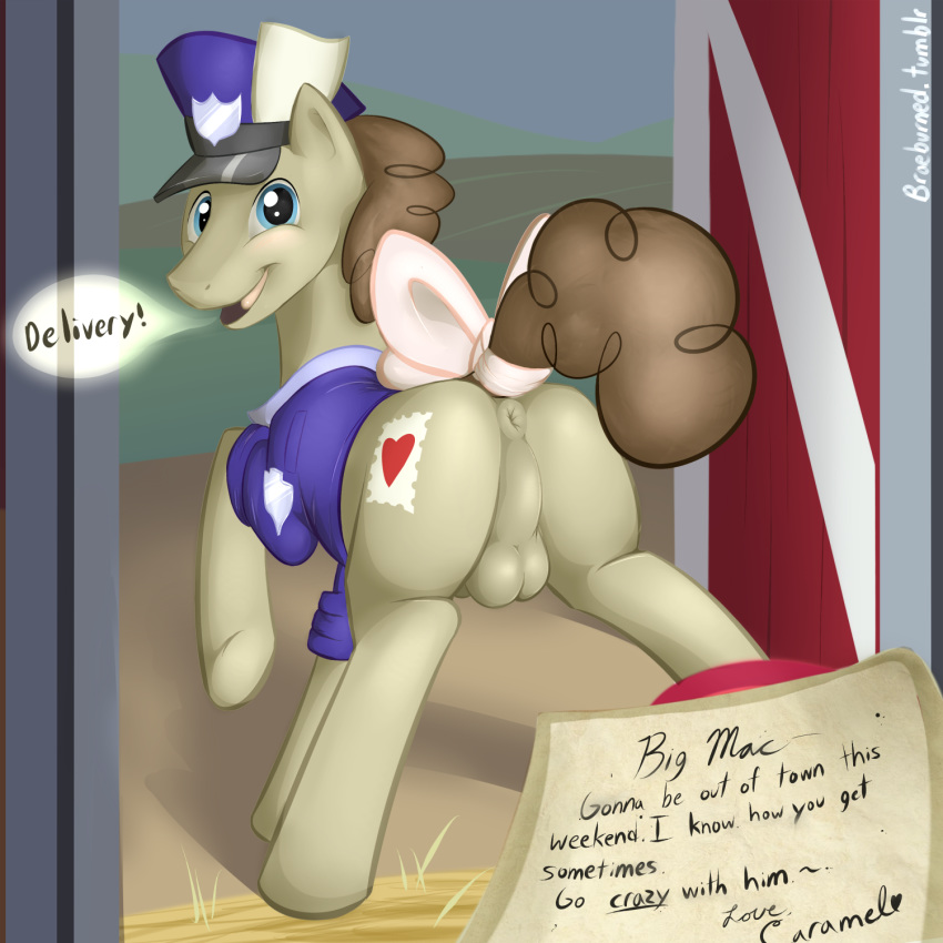 2012 anus ass balls bottomless bow braeburned clothing cutie_mark dialogue english_text equine friendship_is_magic hat headgear heart letter love_letter_(mlp) mailman male male_only my_little_pony presenting presenting_hindquarters shirt solo stamp stated_homosexuality text