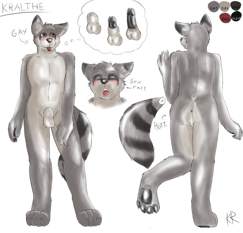 anthro anus ass balls beige_fur black_penis blush grey_fur kralthe male male_only model_sheet penis raccoon red_eyes sheath solo tongue