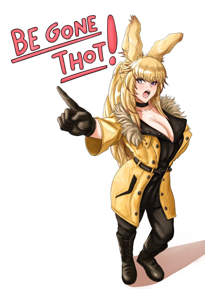 big_breasts black_boots black_choker black_gloves blonde_hair brown_highlights bunny_ears bunny_girl choker female female_only final_fantasy final_fantasy_xiv fur_collar heterochromia long_cock long_hair long_ponytail lordmagnuss oc open_mouth original_character pointing posing reagan_reaves shouting tall viera