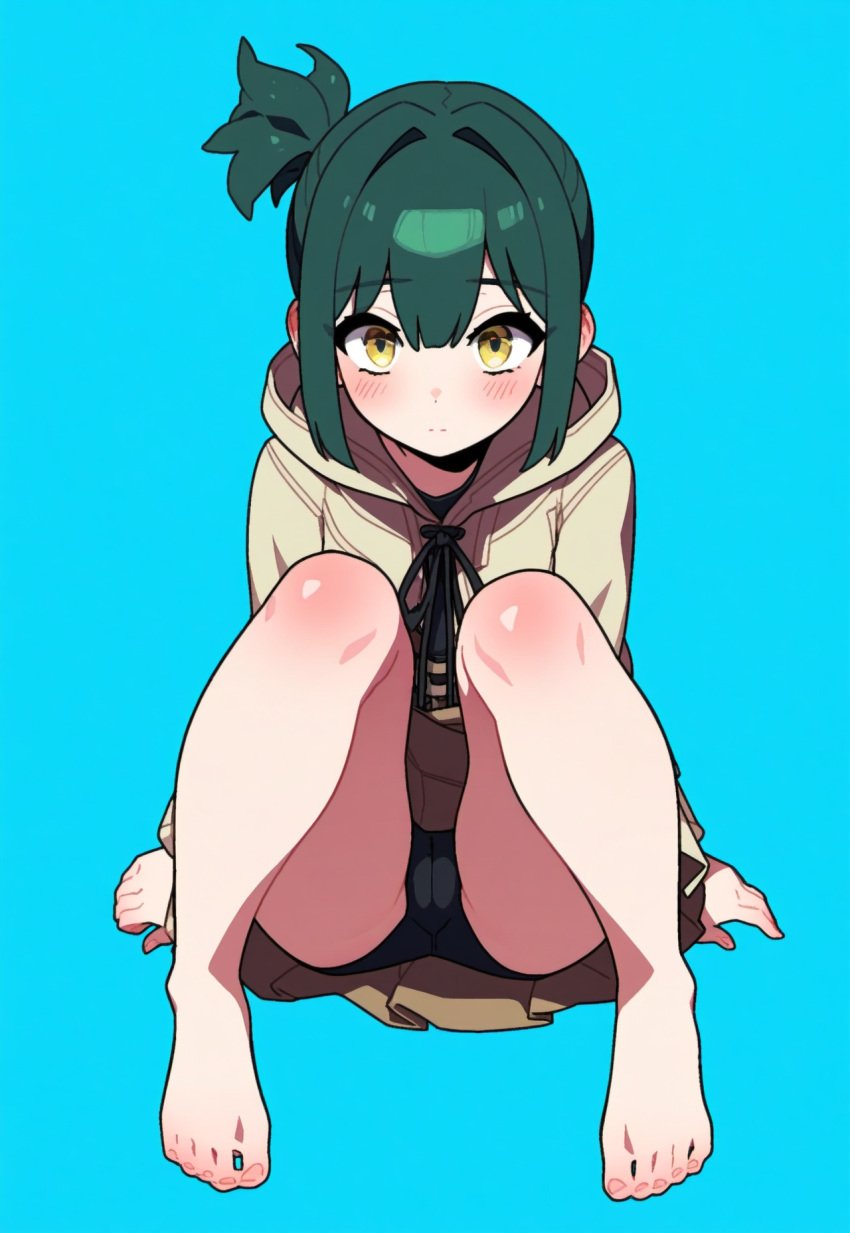 1girls ai_generated bare_legs barefoot black_panties black_skirt blush blush blush_lines body_blush cameltoe clothed clothing feet full_body green_hair jacket legs legs_apart looking_at_viewer medium_breasts medium_hair miniskirt original original_character panties ponytail shiny_skin sitting skirt thighs yellow_eyes yeyehuh