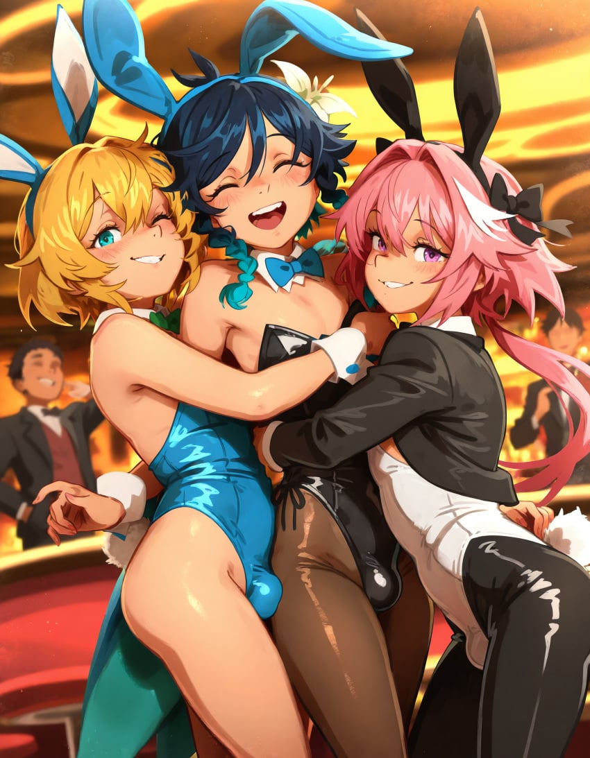 3boys astolfo_(fate) black_hair blonde_hair blue_eyes blush blushing bowtie bridget bulge bulge_through_clothing bunny_ears bunny_tail bunnysuit eyes_closed fate/grand_order fate_(series) femboy femboy_only flower flower_in_hair genshin_impact guilty_gear guilty_gear_strive hugging jacket khyleri looking_at_viewer male male_focus male_only partially_clothed pink_hair smiling smiling_at_viewer suit venti_(genshin_impact)