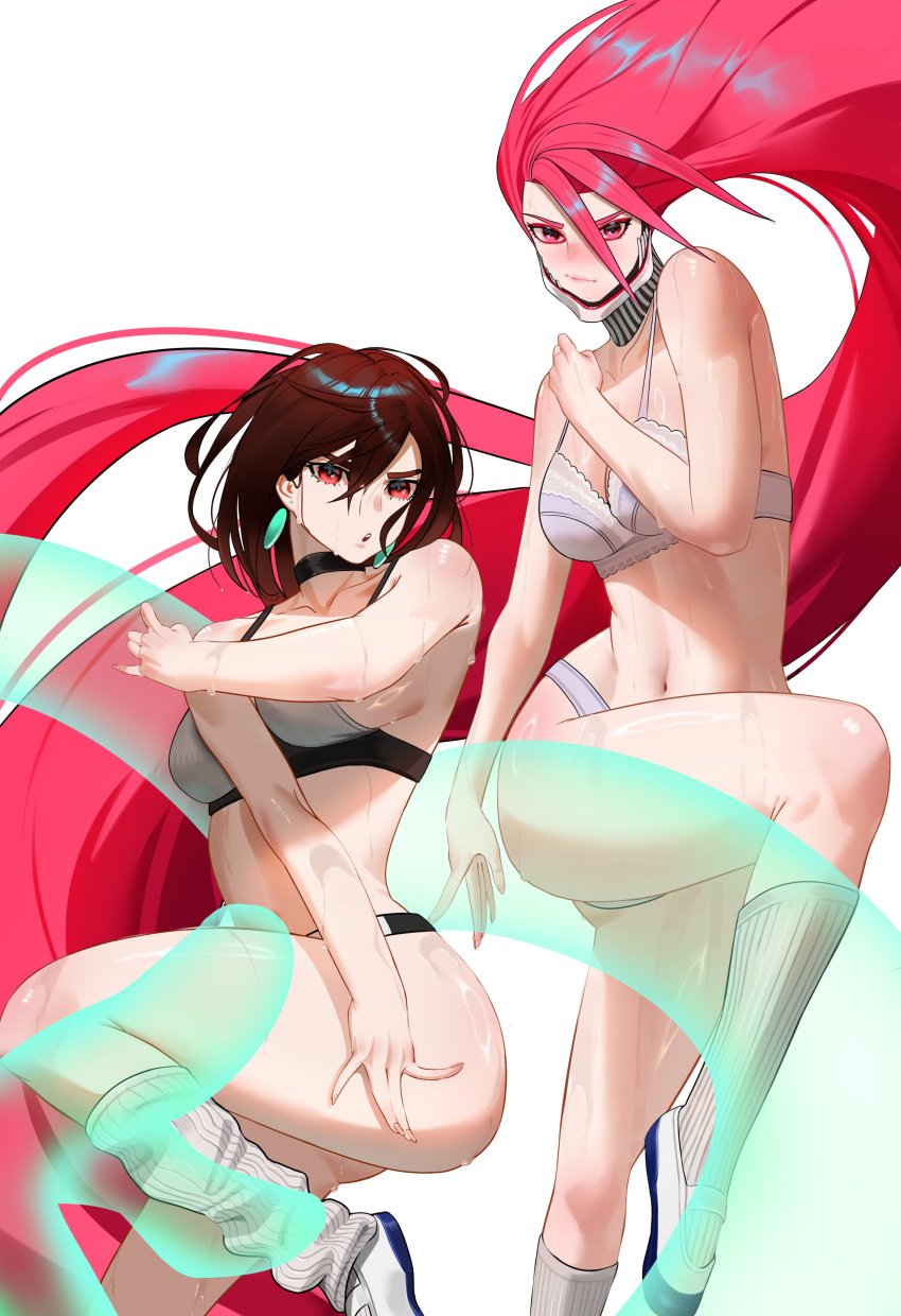 2girls absurdly_long_hair absurdres acrobatic_silky_(dandadan) ayase_momo bare_arms bra brown_eyes brown_hair closed_mouth dandadan earrings fingernails hair_between_eyes highres jewelry light_blush long_hair looking_at_viewer msry1999 multiple_girls navel official_alternate_hairstyle pink_eyes pink_hair shiratori_aira_(dandadan) short_hair sidelocks simple_background socks thighs underwear very_long_hair wet wet_hair white_background white_bra white_footwear white_socks