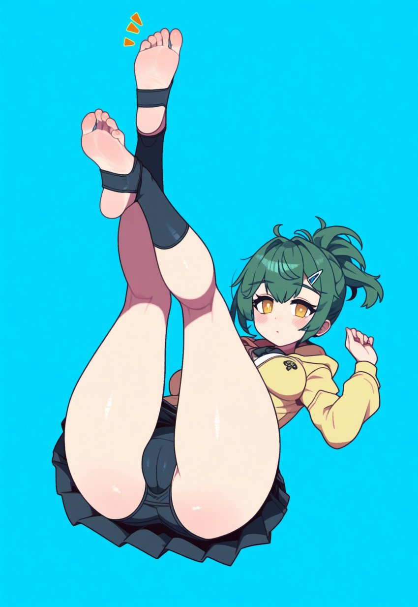 1girls ai_generated ass ass_focus bare_legs barefoot black_panties black_skirt blush blush_lines body_blush cameltoe clothed clothing feet full_body green_hair holding_legs jacket legs legs_apart legwear looking_at_viewer lying lying_on_back medium_breasts medium_hair miniskirt original original_character panties ponytail shiny_skin skirt soles thighs toeless_legwear toes yellow_eyes yeyehuh