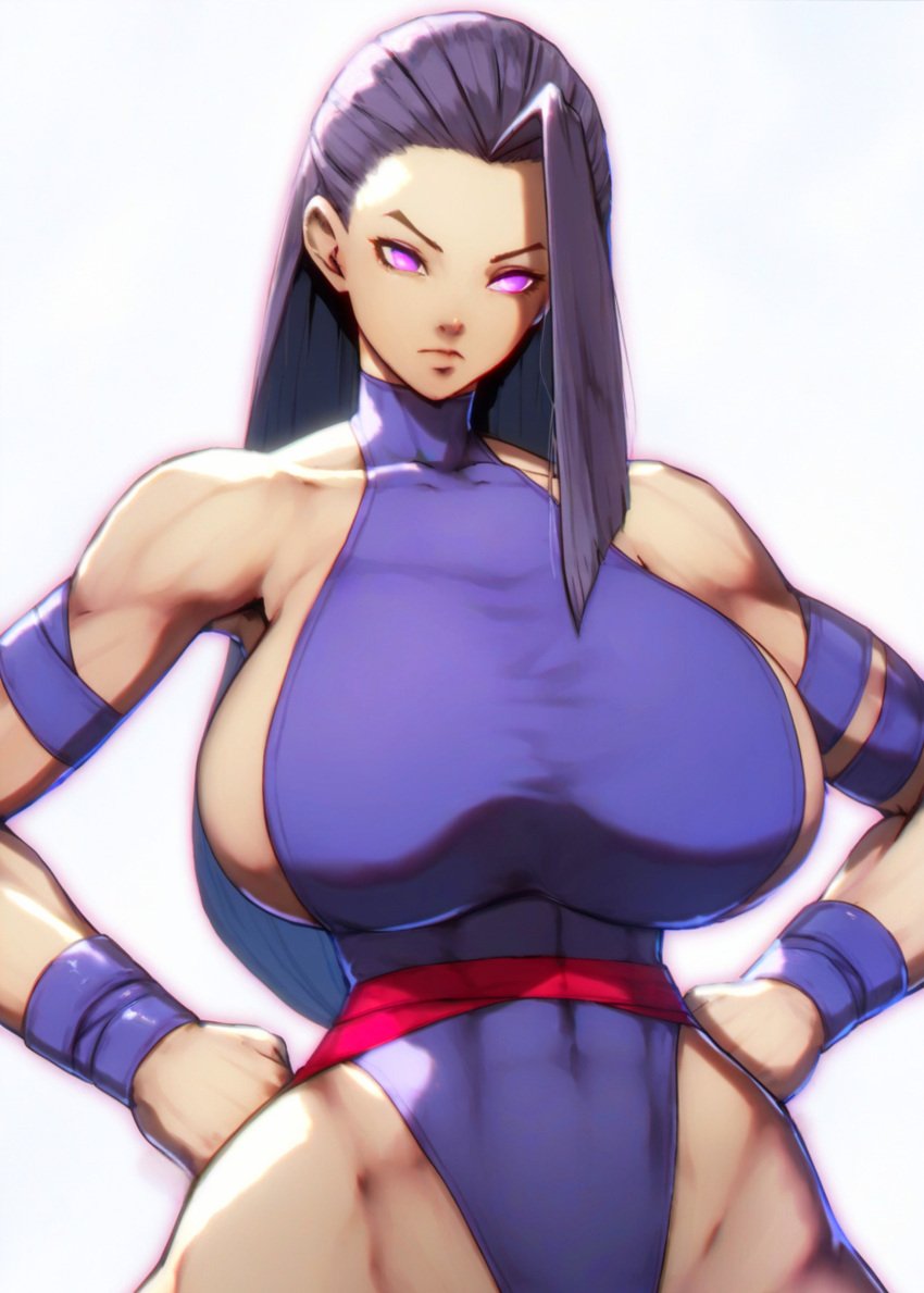 ai_generated big_breasts breasts_bigger_than_head clothed_female dark_hair edited exposed_shoulders gigantic_breasts hands_on_hips hourglass_figure huge_breasts leotard long_hair looking_at_viewer marvel marvel_comics marvel_rivals pink_eyes psylocke psylocke_(marvel_rivals) revealing_clothes serious serious_look sideboob skintight thin_waist wide_hips