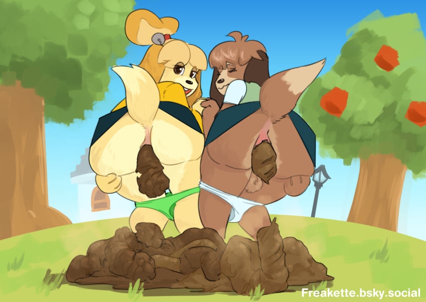 accessory animal_crossing anthro anus ass balls bell blouse bodily_fluids bottomwear brother_(lore) brother_and_sister_(lore) canid canine canis clothed clothing clothing_around_legs crossdressing crouching digby_(animal_crossing) domestic_dog duo embarrassed excessive_feces feces feces_pile female female_pooping freakette genitals grass hair_accessory hair_ribbon hand_holding hand_on_butt hi_res hyper hyper_feces incest_(lore) isabelle_(animal_crossing) jacket male male/female male_pooping mammal nervous nintendo outside panties panties_around_legs panties_down partially_clothed plant pooping_on_floor pooping_together presenting presenting_hindquarters raised_bottomwear raised_clothing raised_skirt ribbons scat shih_tzu sibling_(lore) sister_(lore) skirt spreading street_lamp sweat sweatdrop tail tail_under_skirt topwear toy_dog tree underwear underwear_around_legs underwear_down vest worried