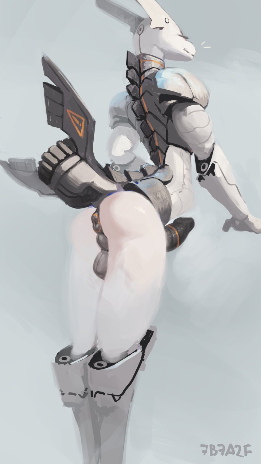 2024 7b7a2f 9:16 absurd_res anthro anus ass balls digital_media_(artwork) digital_painting_(artwork) genitals grey_background hi_res humanoid_genitalia living_machine living_vehicle machine male penis puffy_anus signature simple_background solo standing vehicle white_body