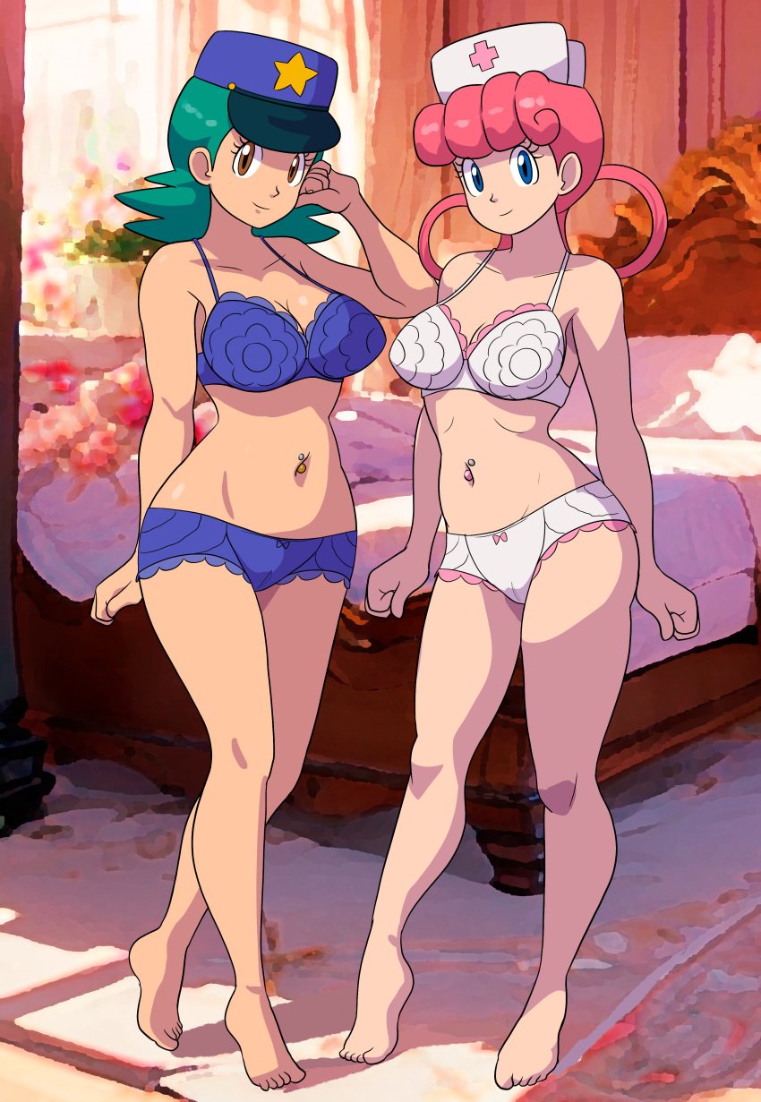 2girls breasts female females furboz lingerie navel_piercing nintendo nurse_joy officer_jenny_(pokemon) pokemon