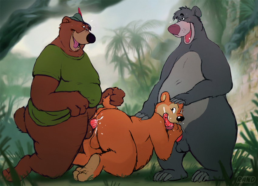 3boys anal anal_penetration anal_sex anthro balls baloo bear bottomless clothes_lift cum_in_ass cumshot disney ejaculation gay holding_penis holding_tail licking_penis little_john male male_only mouth_open oral oral_sex orgasm_face penetration penis_in_mouth penis_on_face pleasure_face rand_(furry_artist) robin_hood_(disney) sex spitroast the_jungle_book threesome tongue_out yaoi