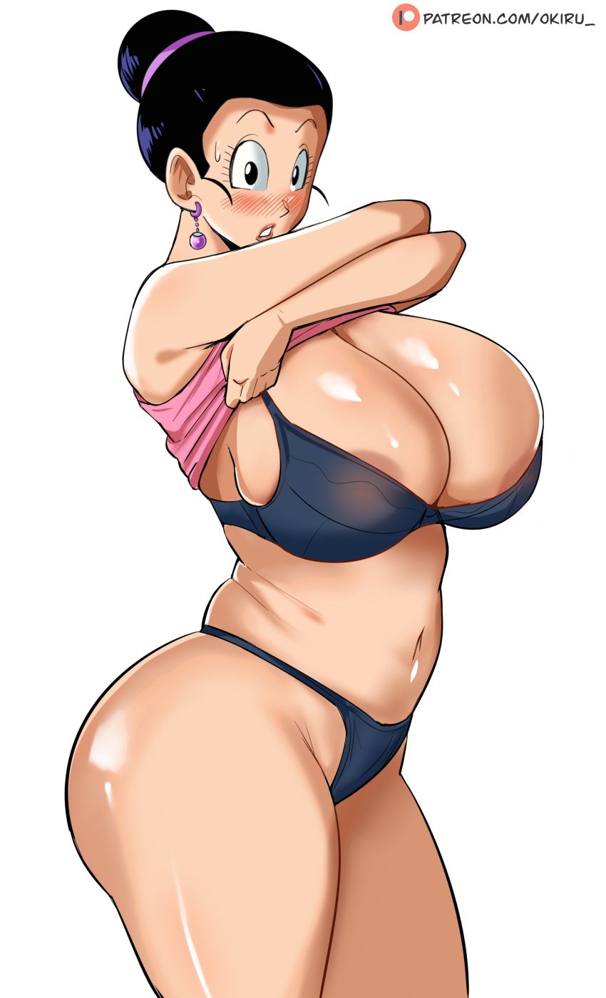 1girls areola_slip areolae ass big_breasts black_bra black_eyes black_hair black_panties blush bottomwear bra breasts chichi cleavage dragon_ball ear_piercing earrings female female_only hair hair_bun huge_breasts mature mature_female mature_woman milf mother panarandom panties shocked_expression side_view solo solo_female sweat sweatdrop taking_clothes_off thighs topwear