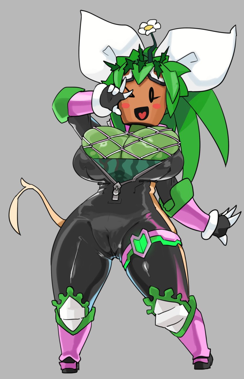 anthro areola areolae big_breasts blaster_master blaster_master_zero blush breasts elemental_creature elemental_humanoid female female_only flower flowers flowers_in_hair green_body green_hair green_skin hair_flower hi_res huge_breasts huge_hips huge_thighs kanna_(blaster_master) mdthetest mob_face nipples plant_girl plant_humanoid plantie potted_plant shortstack simple_background smile solo standing tail thick_thighs video_games wide_hips