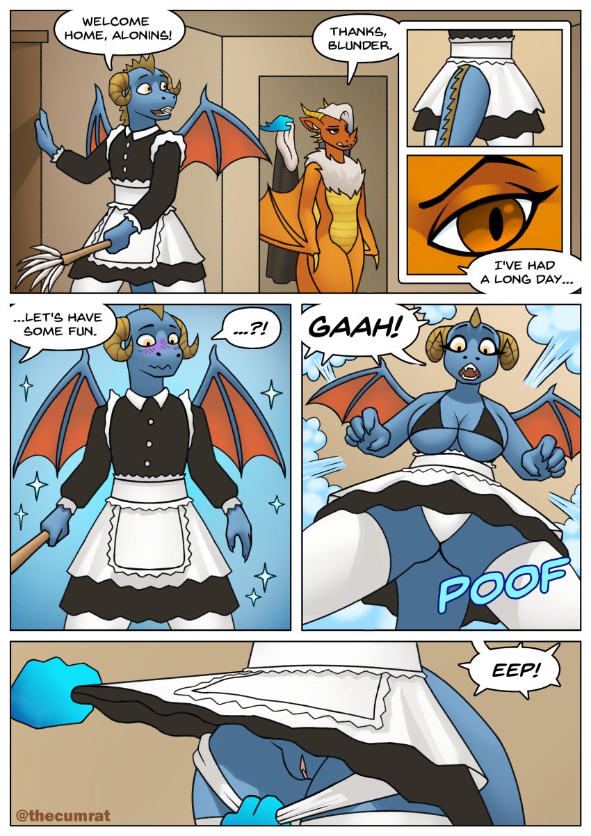 absurd_res anthro assisted_exposure big_breasts blue_body blue_scales blunder blush bottomwear bottomwear_down bra breasts cleaning clothed clothing clothing_pull comic dialogue disembodied_hand dragon female gender_transformation genitals hi_res horn looking_at_another magic magic_hands magic_user maid_apron maid_uniform male mythological_creature mythological_scalie mythology orange_body orange_eyes orange_scales panties panties_down partially_clothed pink_pussy pulling_panties pussy questionable_consent scales scalie smile sound_effects speech_bubble surprise surprised surprised_expression surprised_face thecumrat transformation underwear underwear_down underwear_pull undressing undressing_another uniform wings yellow_eyes